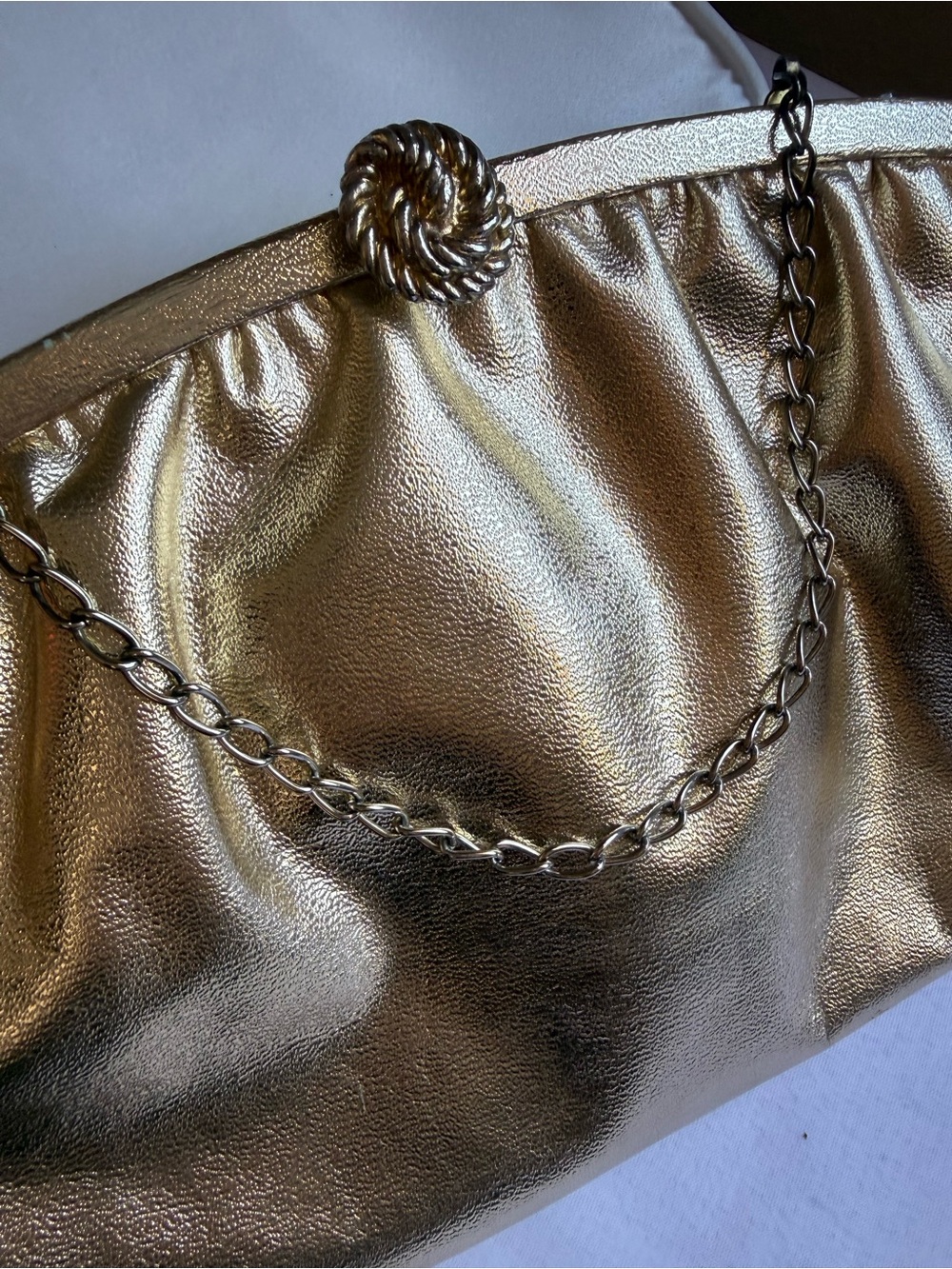 Vintage Gold Metallic Evening Clutch Purse Chain Strap Kiss Lock